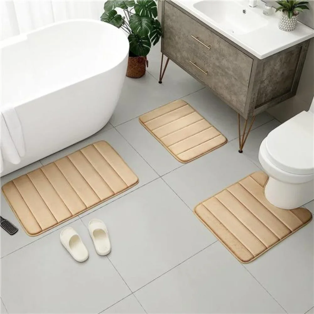 3 Piece Non Slip Extra Absorbent Shaggy Bathroom Mats and Rugs Sets, Beige